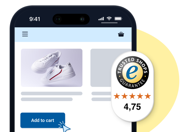 Afbeelding van een webshop op een smartphone, met een 'add to cart'-knop en de Trustbadge met een score van 4,75 sterren