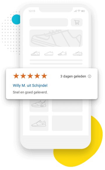 Een telefoon met een beoordeling erop: 5 sterren, 3 dagen geleden. Willy M. uit Schijndel. Tekst van de beoordeling: Snel en goed geleverd.