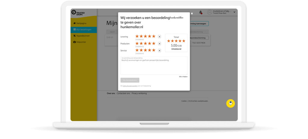 Laptop met erop de consumentenomgeving van Trusted Shops, waar de klant een beoordeling achterlaat voor een webshop